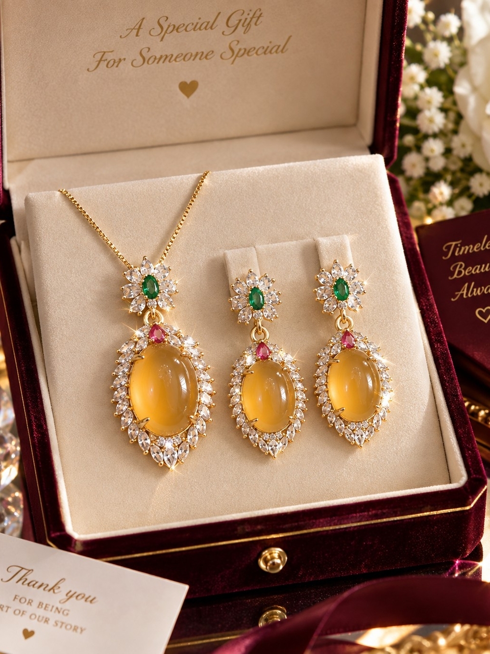 Natural Yellow Opal Jewelry Set – Necklace & Earrings – Stainless Steel